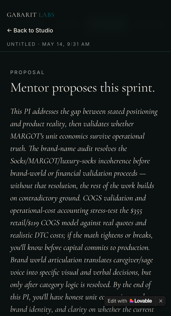 Mentor proposes a sprint with reasoning about positioning, COGS validation, and brand-world articulation